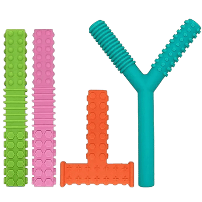 طقم أدوات مضغ حسي للأطفال - 4 أشكال متنوعة - أخضر وردي برتقالي تركواز - علاج حسي فموي لأطفال التوحد واضطراب المعالجة الحسية